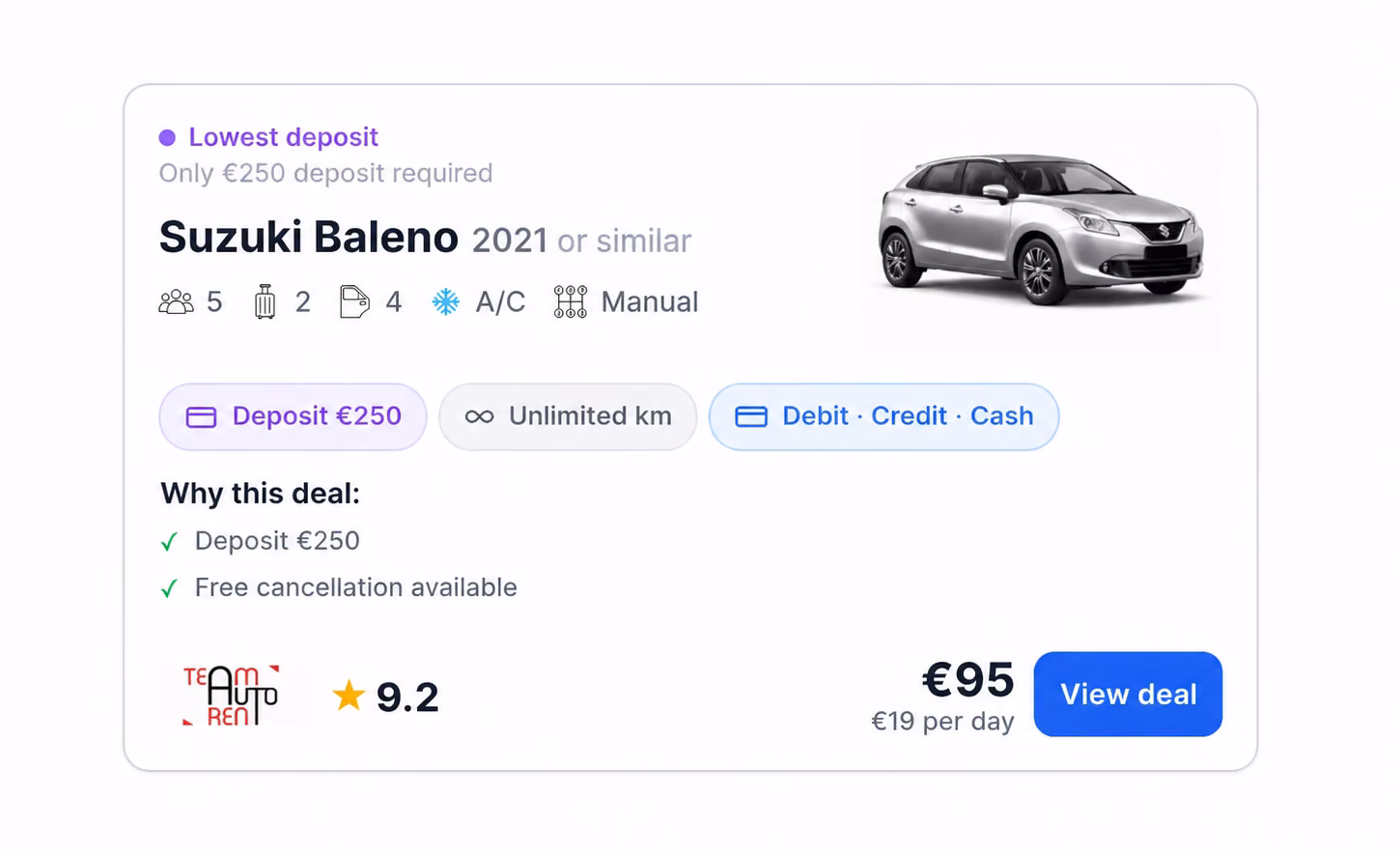Top Rent a Car listing card on Get My Rides