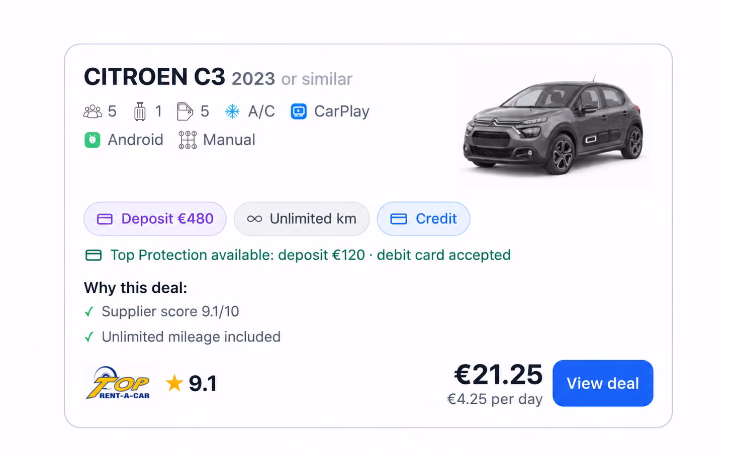 Top Rent a Car listing card on Get My Rides